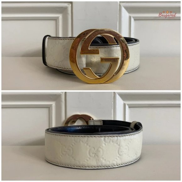 Authentic Gucci Cream Guccissima Leather Gold Interlocking G Buckle Belt 90/36 - Picture 3 of 14